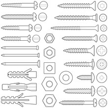 Screws / Nuts / Nails And Wall Plugs Collection - Vector Line Illustration