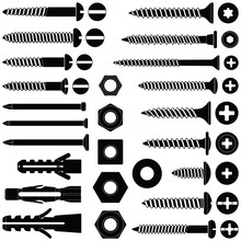 Screws / Nuts / Nails And Wall Plugs Collection - Vector Silhouette 