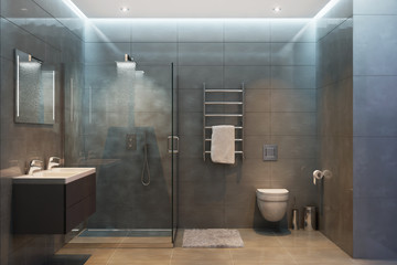 Gray modern shower room in the evening