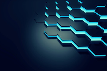 Poster - Glowing blue hexagon pattern background. 3D rendering