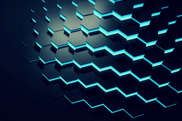 Poster - Glowing blue hexagon pattern background. 3D rendering