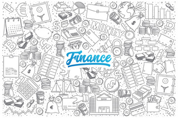 Finance doodle set with blue lettering