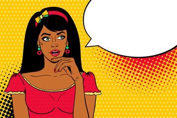 Wall Mural - Wow female face. Young sexy surprised dark skinned woman with open mouth looking at empty speech bubble and holding hand near her face. Vector bright background in pop art retro comic style.