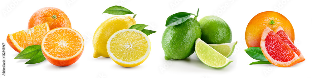 Fruit compositions with leaves isolated on white background. Ora - obrazy, fototapety, plakaty 