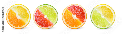 Fotomural Citrus fruit. Mix of orange, lemon, lime, grapefruit. Slices iso