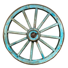 Old Blue Wooden Cartwheel Isolated On White Background