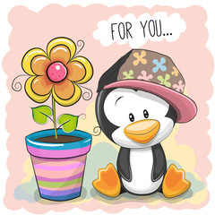 Canvas Print - Cute Cartoon Penguin with flower