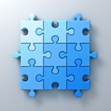 Blue Jigsaw Puzzle Pieces Concept On White Wall Background With Shadow 3D Rendering