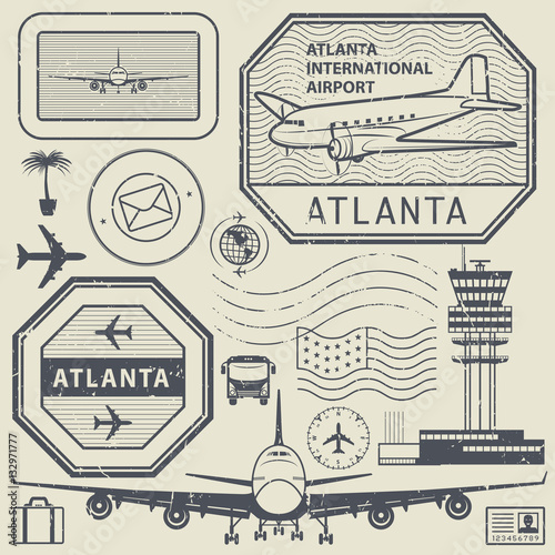 Fotografía Retro postage USA airport stamps set, Atlanta theme