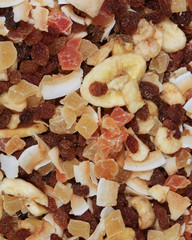 dried fruit dehydrated with raisins and pieces of coconut and ba