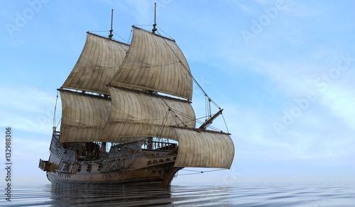 Old Sailboat On The Sea 3D Illustration