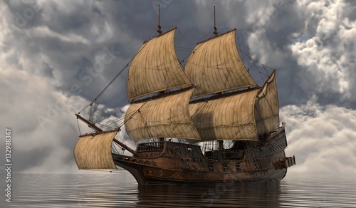 Old Sailboat On The Sea 3D Illustration