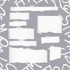 Poster - Ripped white ruled note, notebook, copybook paper sheets, strips on pattern created of alphabet letters