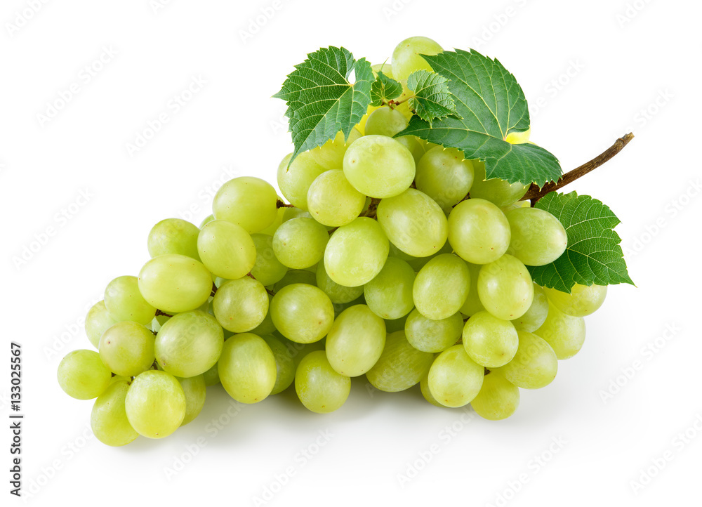 Green grape with leaves isolated on white. With clipping path. F - obrazy, fototapety, plakaty 