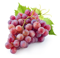 Poster - Ripe red grape. Pink bunch with leaves isolated on white. With c