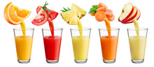 Fresh Juice Pours From Fruit And Vegetables Into The Glass Isola