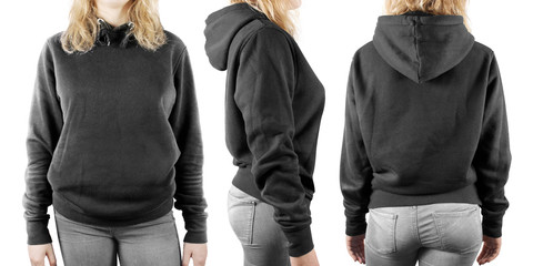 Wall Mural - Blank black sweatshirt mock up set isolated, front, back and side view. Woman wear grey hoodie mockup. Plain hoody design presentation. Textile gray loose overall model. Pullover for print.