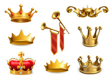 Gold Crown Of The King. 3d Vector Icon Set
