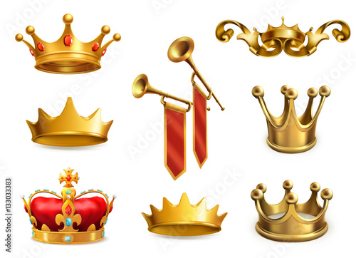 Fotografie, Obraz Gold crown of the king. 3d vector icon set
