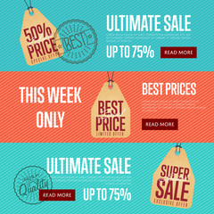 Canvas Print - Ultimate sale discount banner set vector illustration. This week only sticker, limited offer tag, advertisement retail label, best price flyer, super sale shopping symbol. Modern style offer sign.