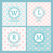 Cute And Chic Pink Cards With Patterns And Words For Wedding Design. Vector Illustration