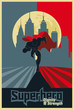 Superhero running in front of a urban background. Poster red & b