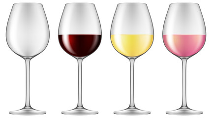 Sticker - Wine glasses - empty, red wine, white wine and rose wine. Vector illustration.