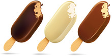 Vector Set of Bitten Popsicle Choc-ice Lollipop Ice Cream in Chocolate Glaze on Stick