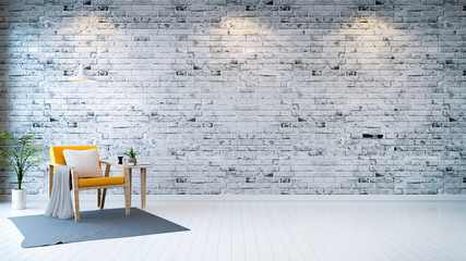 Modern loft interior  ,living room,  white wood flooring, yellow armchair with table and white lamp on bright gray bricks wall  background , 3d render