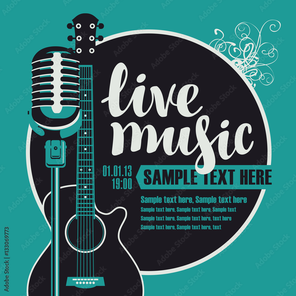 Banner with an acoustic guitar and a microphone for the concert of live music - obrazy, fototapety, plakaty 