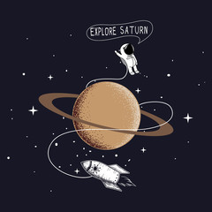 Wall Mural - little astronaut exploring saturn