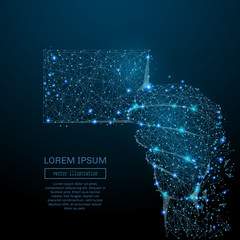 Poster - Man holding card in flight from abstract polygonal points blue. Low poly, lines and connected to form, vector illustration.