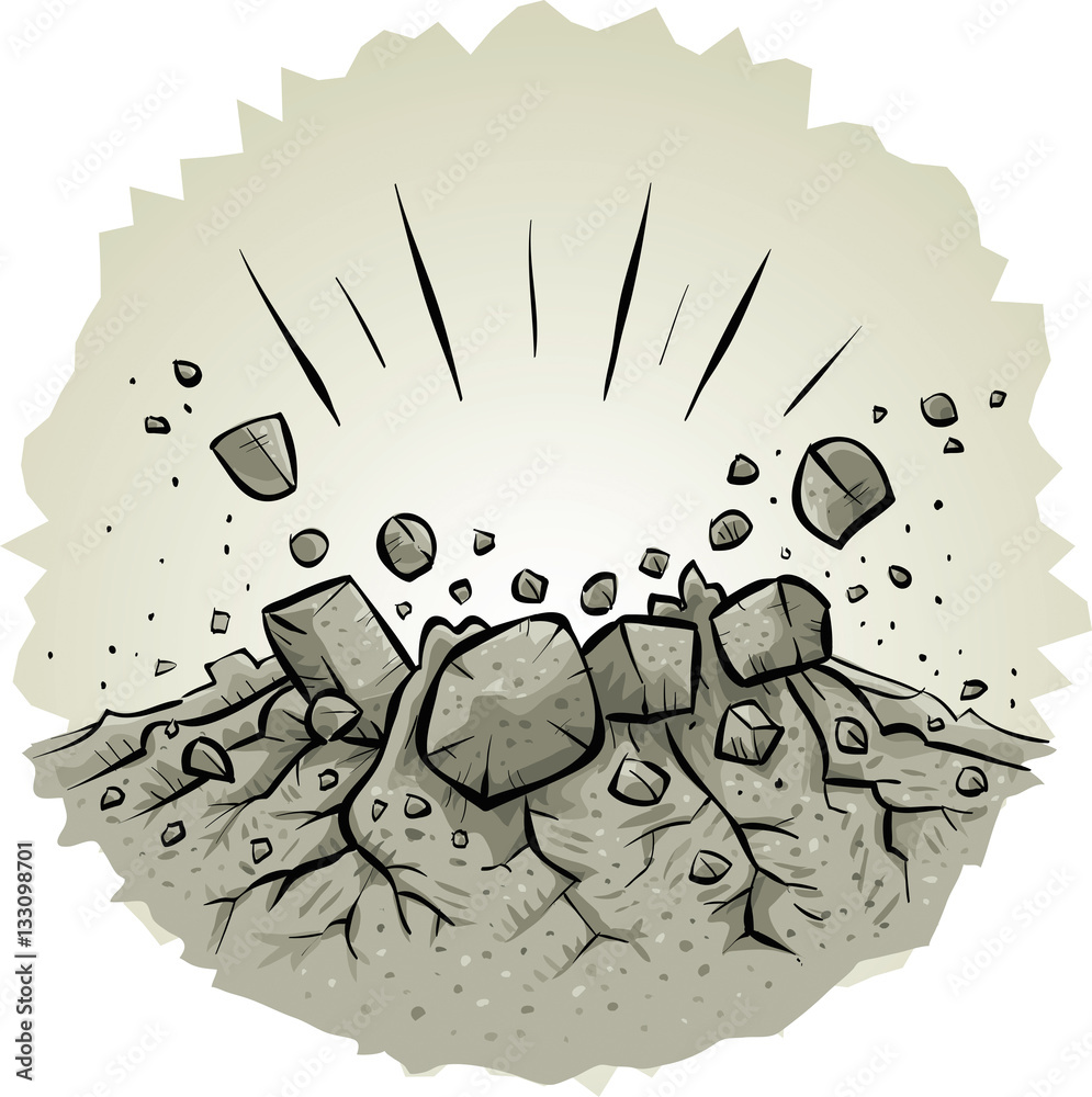 A cartoon of an explosive impact in rock, shattering the ground and ...