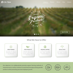 organic products label. green agricultural blurred background. one page website template, web shop a