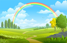 Layers Of Flowers Over The Vast Meadows Under A Rainbow On A Sunny Day