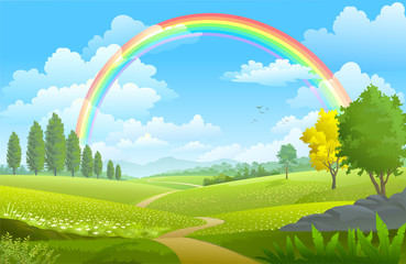 Wall Mural - Layers of flowers over the vast meadows under a rainbow on a sunny day