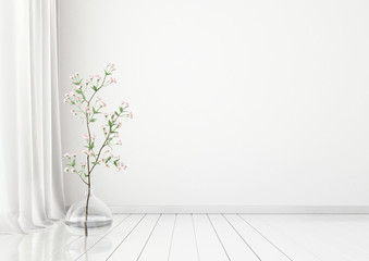 Neutral interior mock up with plant in vase on empty white wall background. 3D rendering.