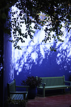 Shadow Of Tree On Blue Painted Courtyard With Benches