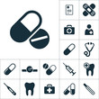 pill tablet icon black on white background, medical tools set on