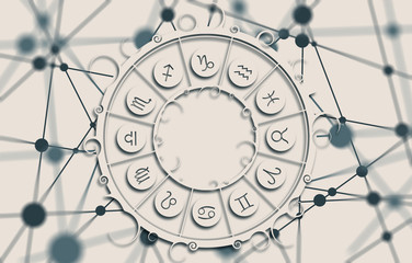 Wall Mural - Astrological symbols in the circle. Molecule And Communication Background. Connected lines with dots. White circle with shadows. Shallow depth of field