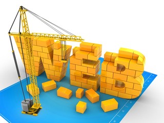 Wall Mural - 3d illustration of web word over blueprint background with crane