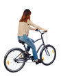 © ghoststone - back view of a woman with a bicycle. cyclist sits on the bike. Rear view people collection.  backside view of person. Isolated over white background. Girl with long hair riding a bicycle.
