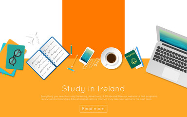 Wall Mural - Study in Ireland concept for your web banner or print materials. Top view of a laptop, books and coffee cup on national flag. Flat style study abroad website header.
