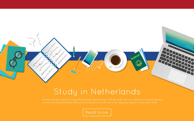 study in netherlands concept for your web banner or print materials. top view of a laptop, books and