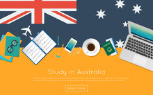 Study In Australia Concept For Your Web Banner Or Print Materials. Top View Of A Laptop, Books And Coffee Cup On National Flag. Flat Style Study Abroad Website Header.