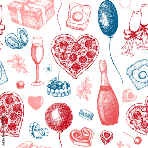 Cotton fabric Valentine's Day Background. Seamless vintage pattern with hand drawn holiday elements sketch. Vector illustration.