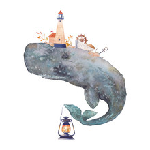Watercolor Creative Cachalot Poster. Hand Painted Fantasy Sea Whale With Lighthouse,lantern,anchor, Plants, Wheel, Old Boat, Stones Isolated On White Background. Vintage Style Nautical Art