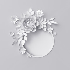 3d render, digital illustration, white paper flowers, floral background, blank banner, round frame, holiday wreath