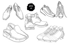 Set Hand Drawn Graphic Men Footwear On White Background. Casual And Sport Style For Man. Shoes For All Seasons. Doodle Design Isolated Object For Logo.