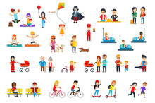 People Rest In The Park Vector Flat Design Isolated On White Background For Infographic Creation. Students, Kids, Children, Women, Men, Adult, Grandparents In Colorful Clothes Do Activities, Walk.